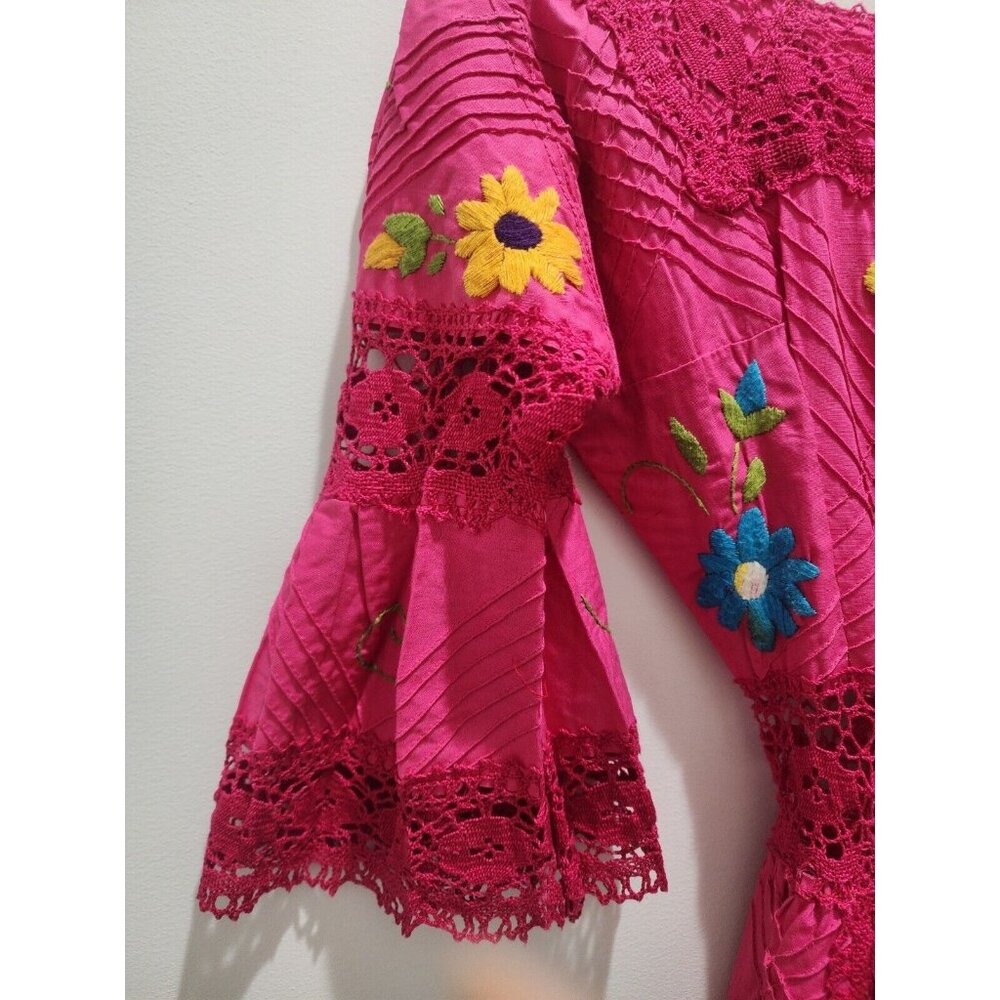 Stunning VTG MEXICAN OAXACA WEDDING PENTUCK Pink Lace FLORAL EMBROIDERY Dress XS - Picture 4 of 8